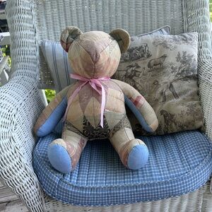 Patchwork Teddy Bear with Pink Ribbon